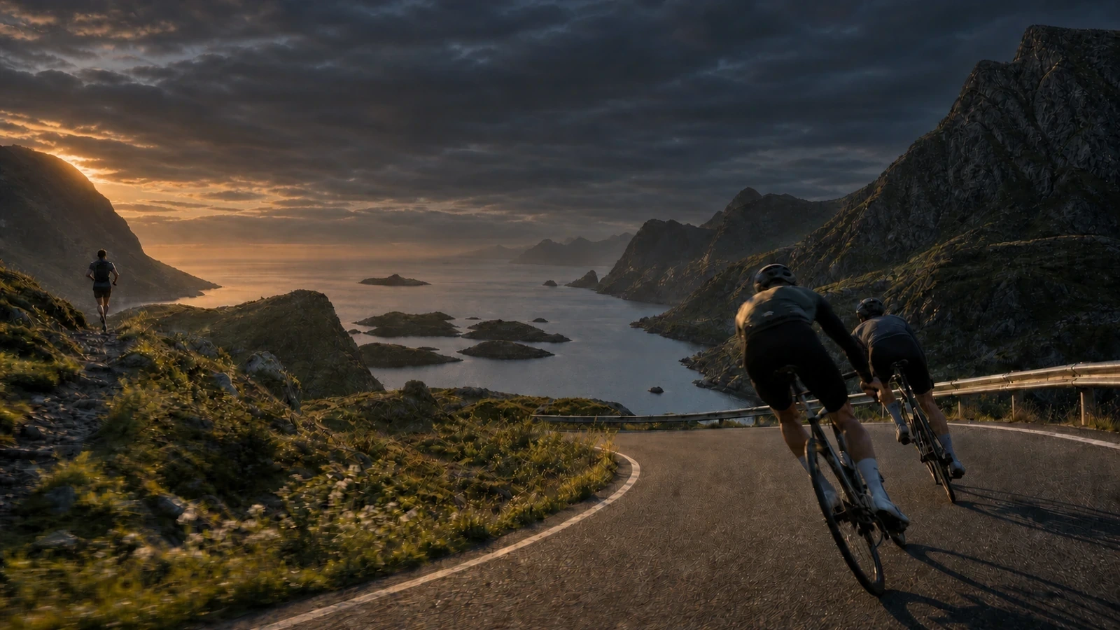 Vägcyklister i fart längs en fjord i dramatiskt gyllene kvällsljus