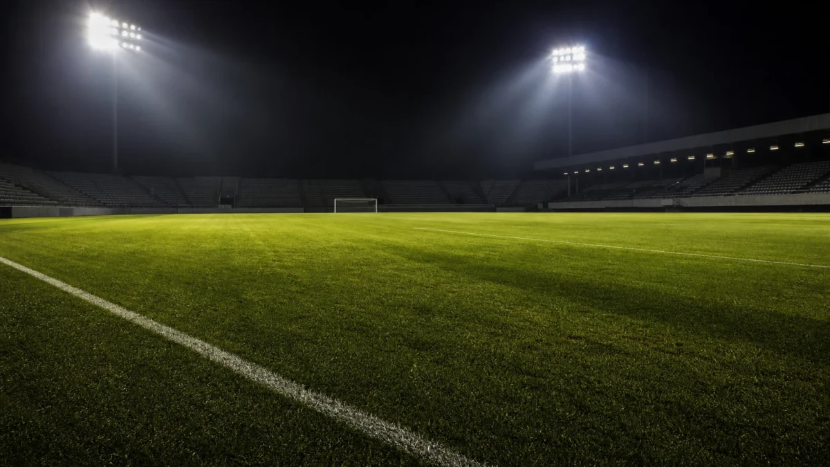 Fotbollsplan sedd högt uppifrån med linjer och mål synliga