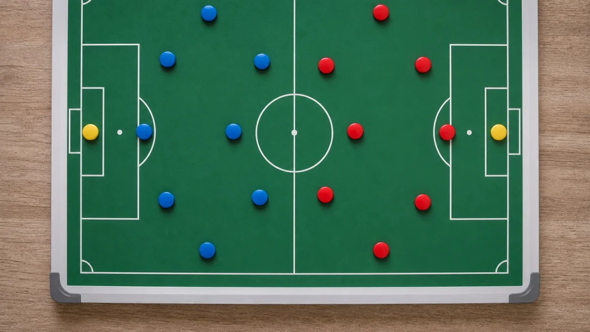 Fotboll på mittlinjen på en tom plan i skymningsljus
