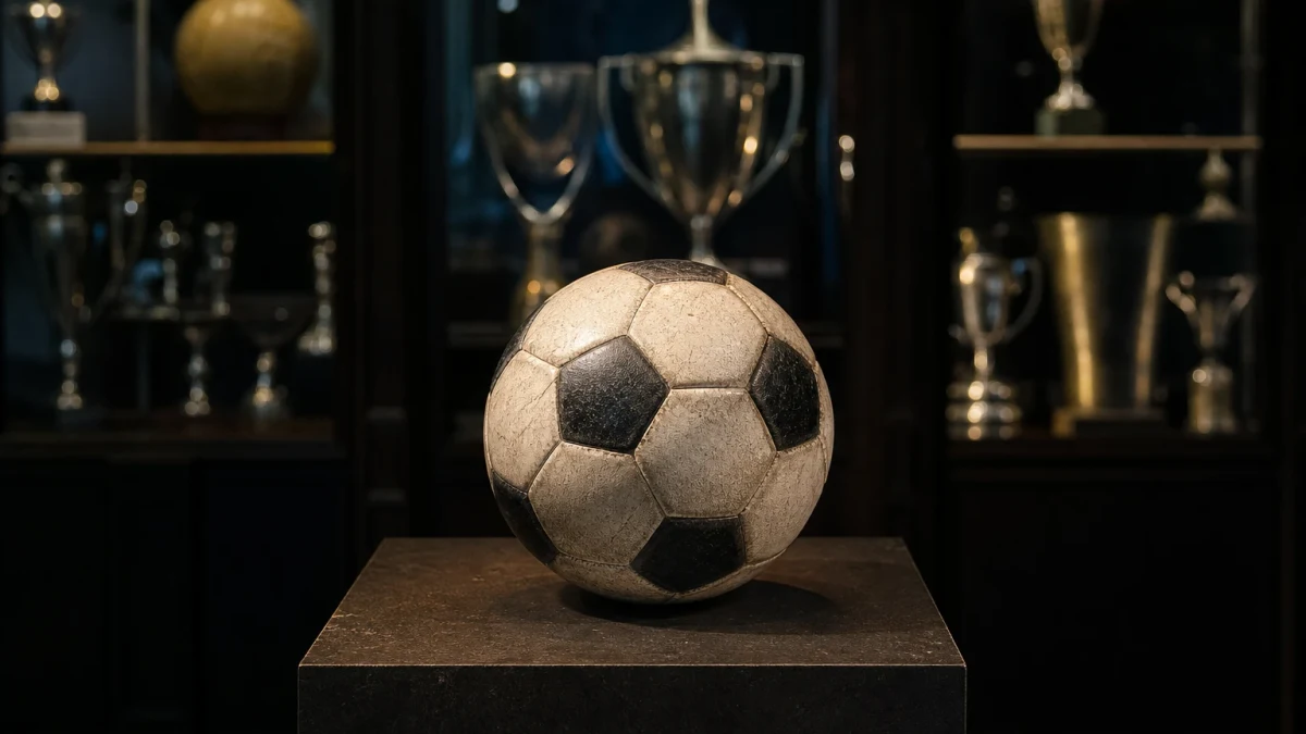 Fotbollsplan sedd högt uppifrån med linjer och mål synliga