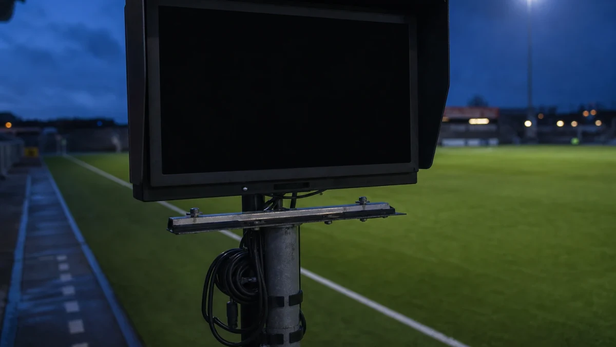 Fotboll på gräset i en tom kvällsbelyst arena