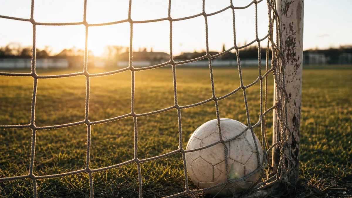 Fotbollsplan sedd högt uppifrån med linjer och mål synliga