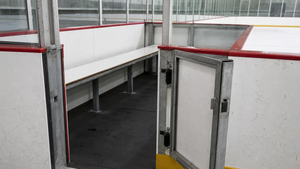 Skridsko och puck på var sin sida av hockeyrinkens blålinje