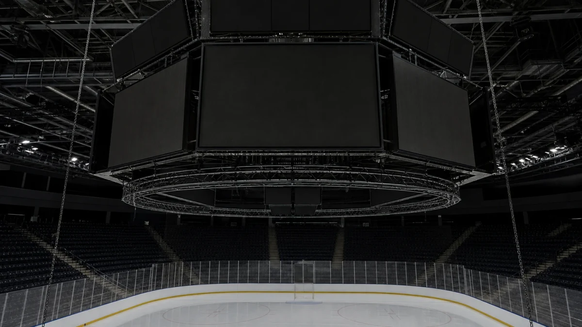 Tom ishockeyrink med hjälm och handskar på spelarbåset