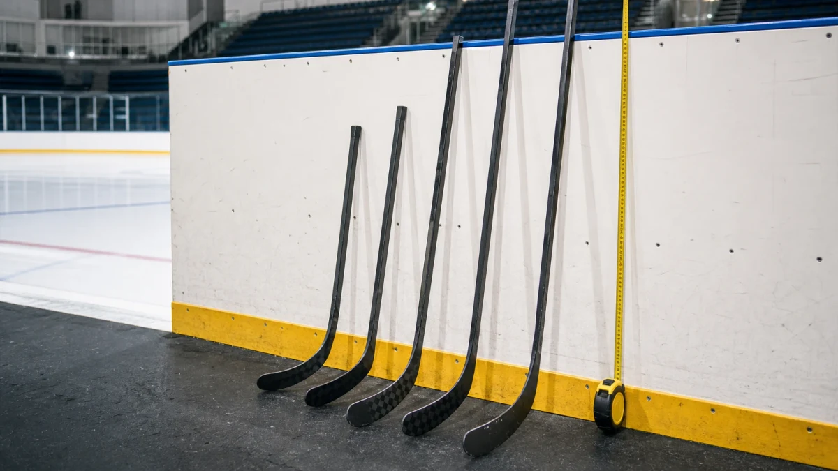 Hockeyhjälmar, klubbor och skridskor i ett tomt omklädningsrum