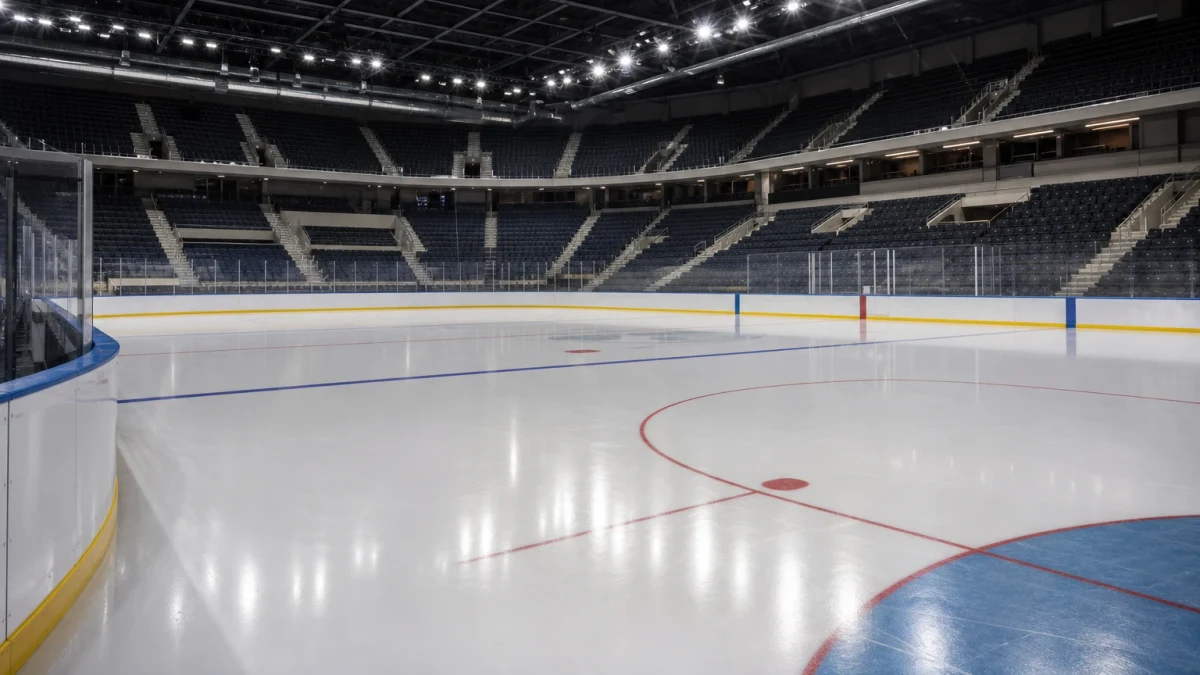Tom ishockeyrink med hjälm och handskar på spelarbåset