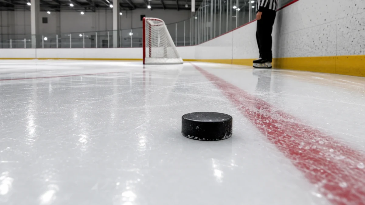 Puck över mållinjen med en linjedomare vid sargen