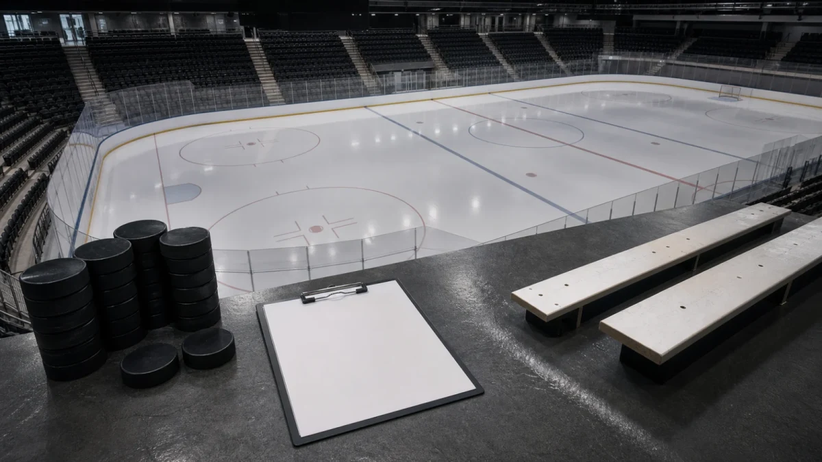 Tom ishockeyarena med puckar och blankt skrivunderlag