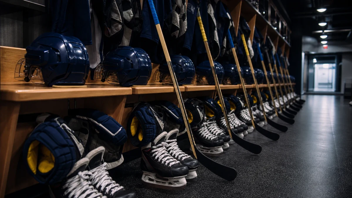 Hockeyhjälmar, klubbor och skridskor i ett tomt omklädningsrum