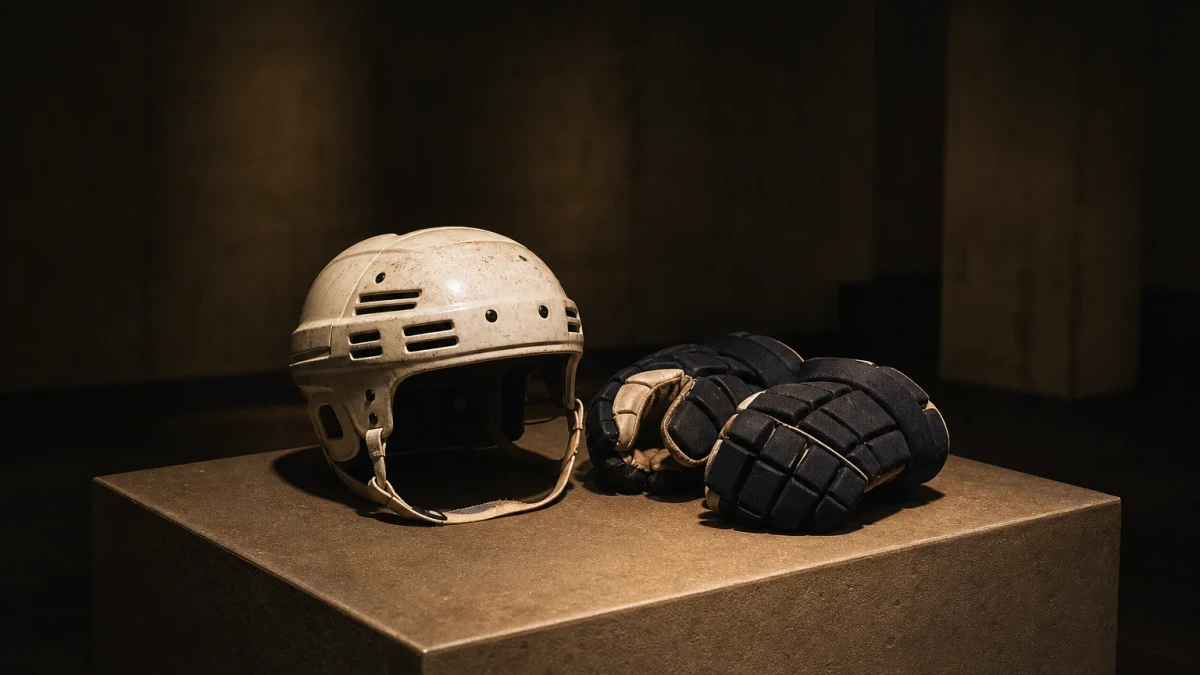 Tom ishockeyarena med puckar och blankt skrivunderlag