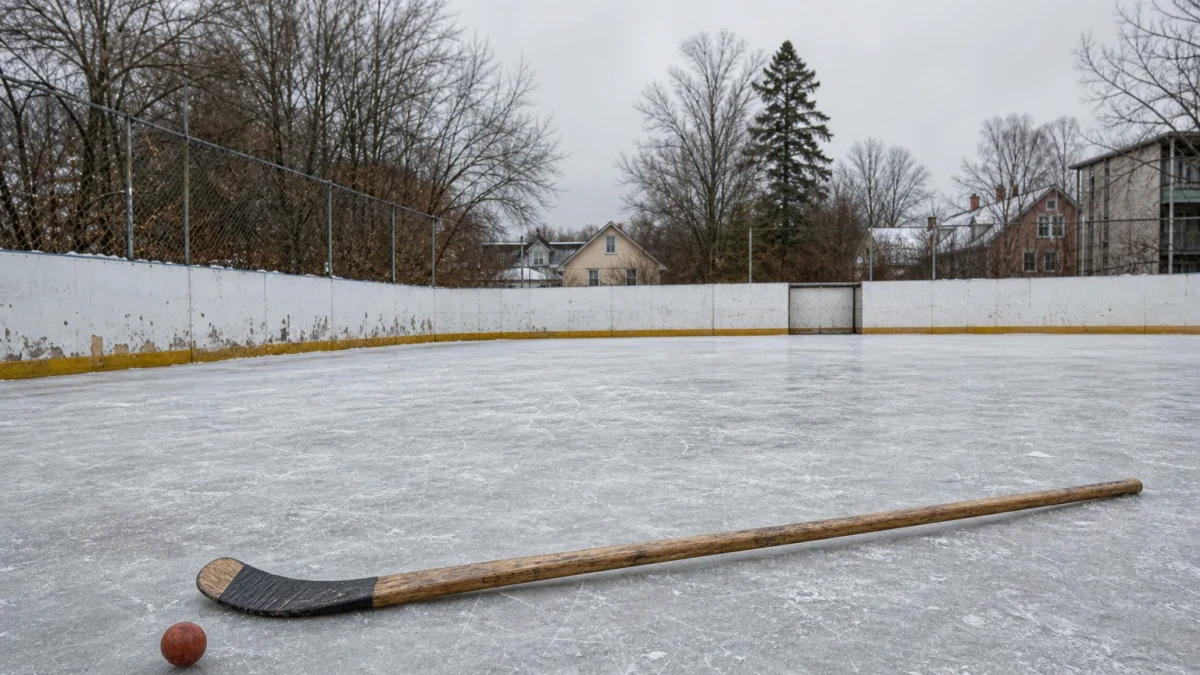 Skridsko och puck på var sin sida av hockeyrinkens blålinje