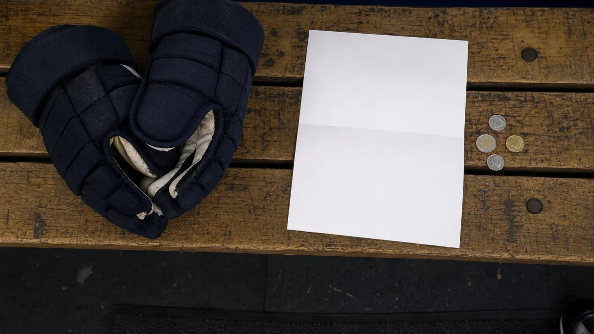 Tom ishockeyarena med puckar och blankt skrivunderlag