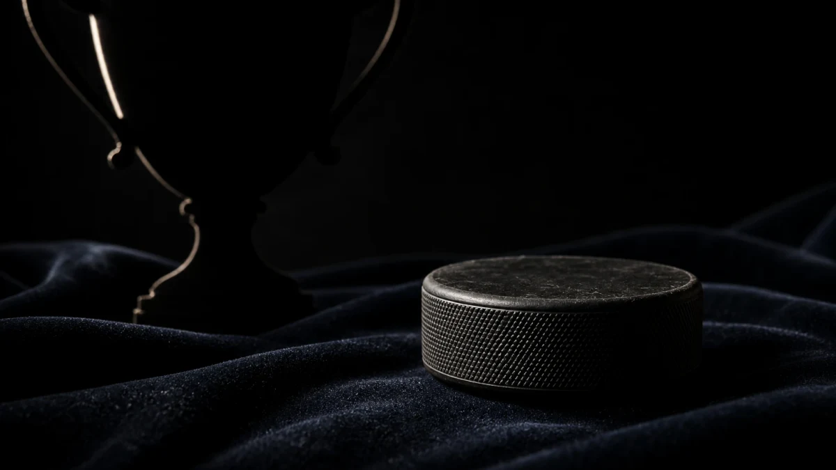 Tom ishockeyarena med puckar och blankt skrivunderlag