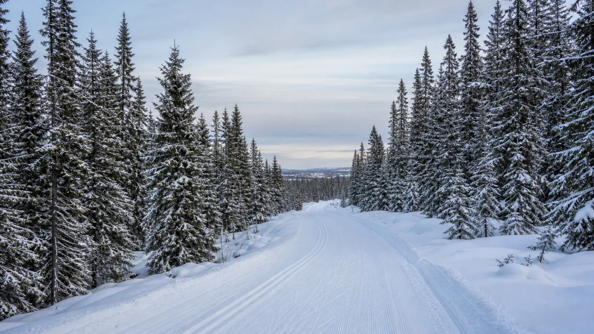 Preparerat längdskidspår genom ett snötäckt vinterlandskap