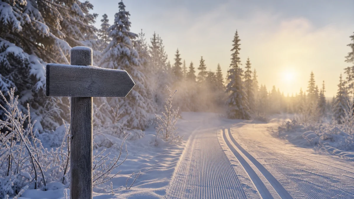 Preparerat längdskidspår genom ett snötäckt vinterlandskap
