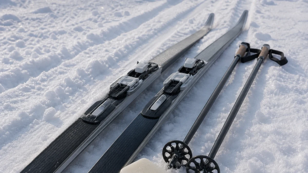 Preparerat längdskidspår genom ett snötäckt vinterlandskap