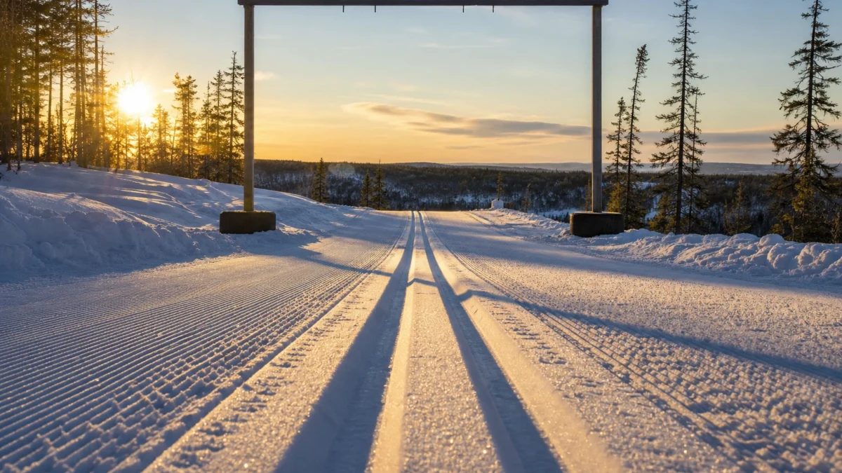Preparerat längdskidspår genom ett snötäckt vinterlandskap