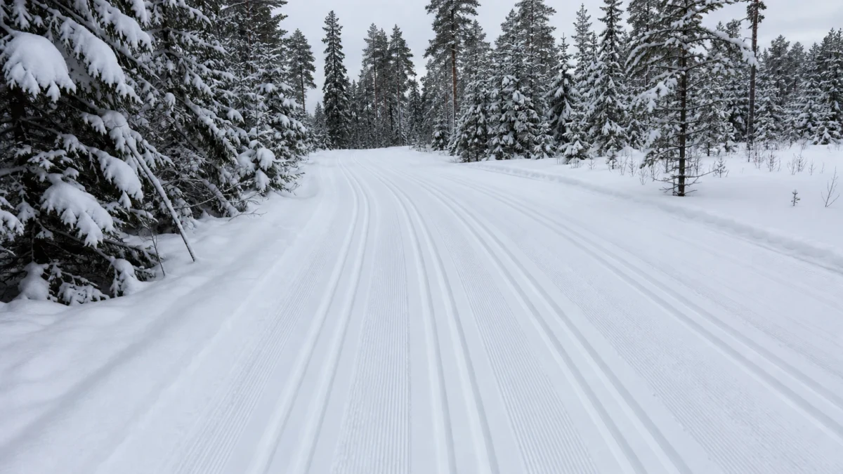 Preparerat längdskidspår genom ett snötäckt vinterlandskap