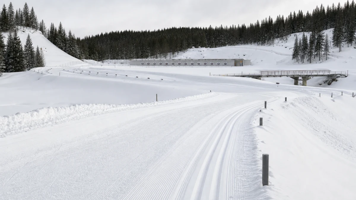 Tom skidskyttevall med måltavlor och skidspår i vinterlandskap