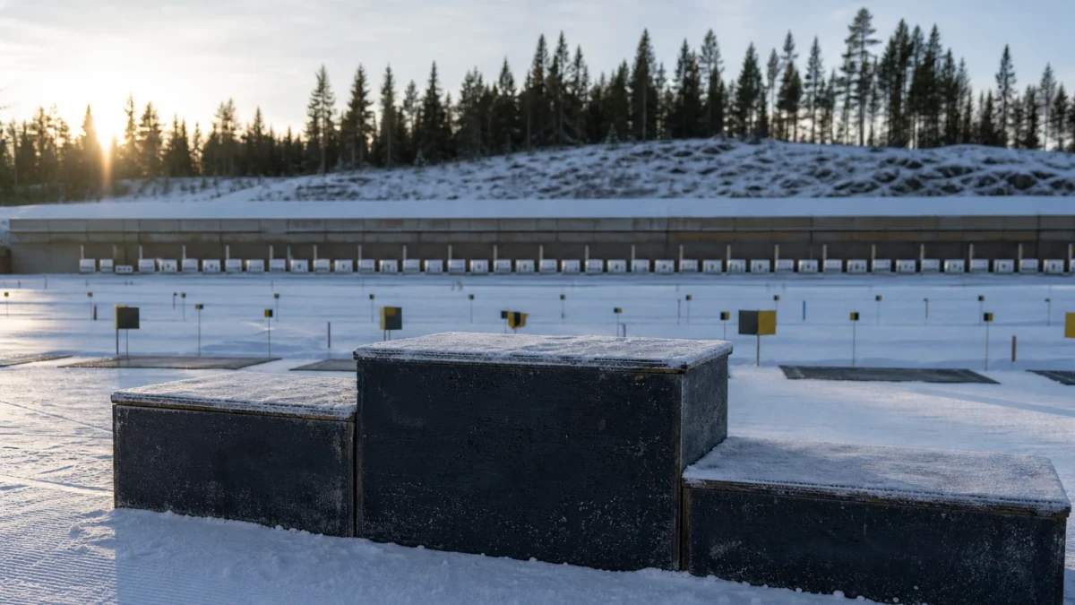 Tom skidskyttevall med måltavlor och skidspår i vinterlandskap