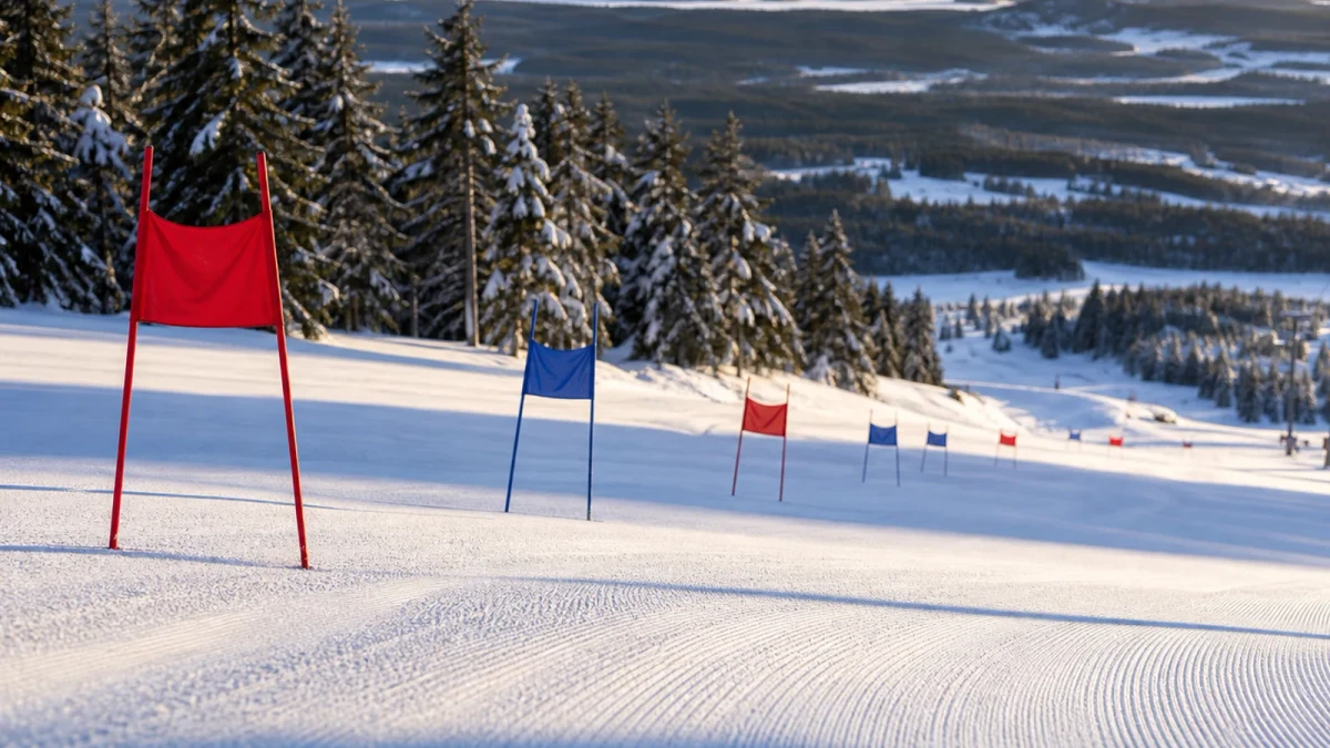 Tom skidskyttevall med måltavlor och skidspår i vinterlandskap