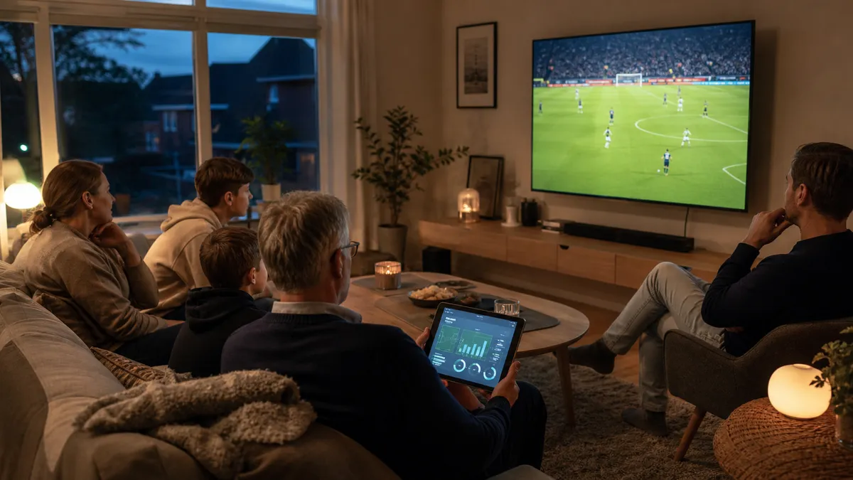 Familj som följer en direktsänd fotbollsmatch på tv och surfplatta hemma i vardagsrummet